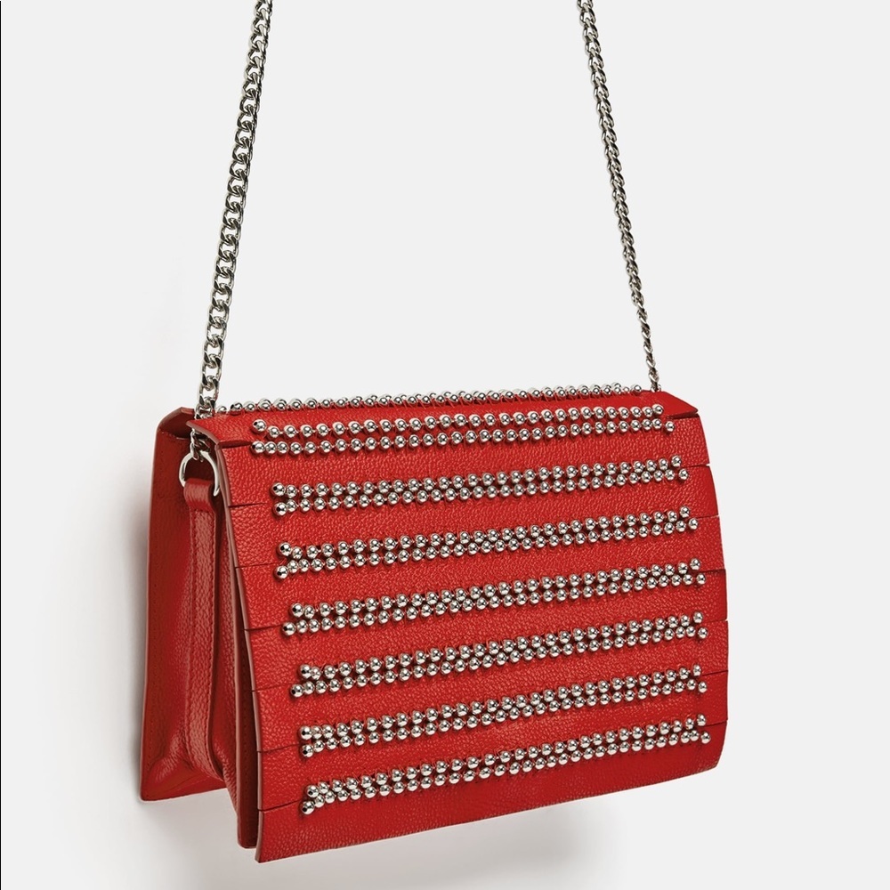 ZARA RARE RED 100% LEATHER CROSSBODY BAG WITH STUDDED DETAIL BRAND NEW WITH TAGS